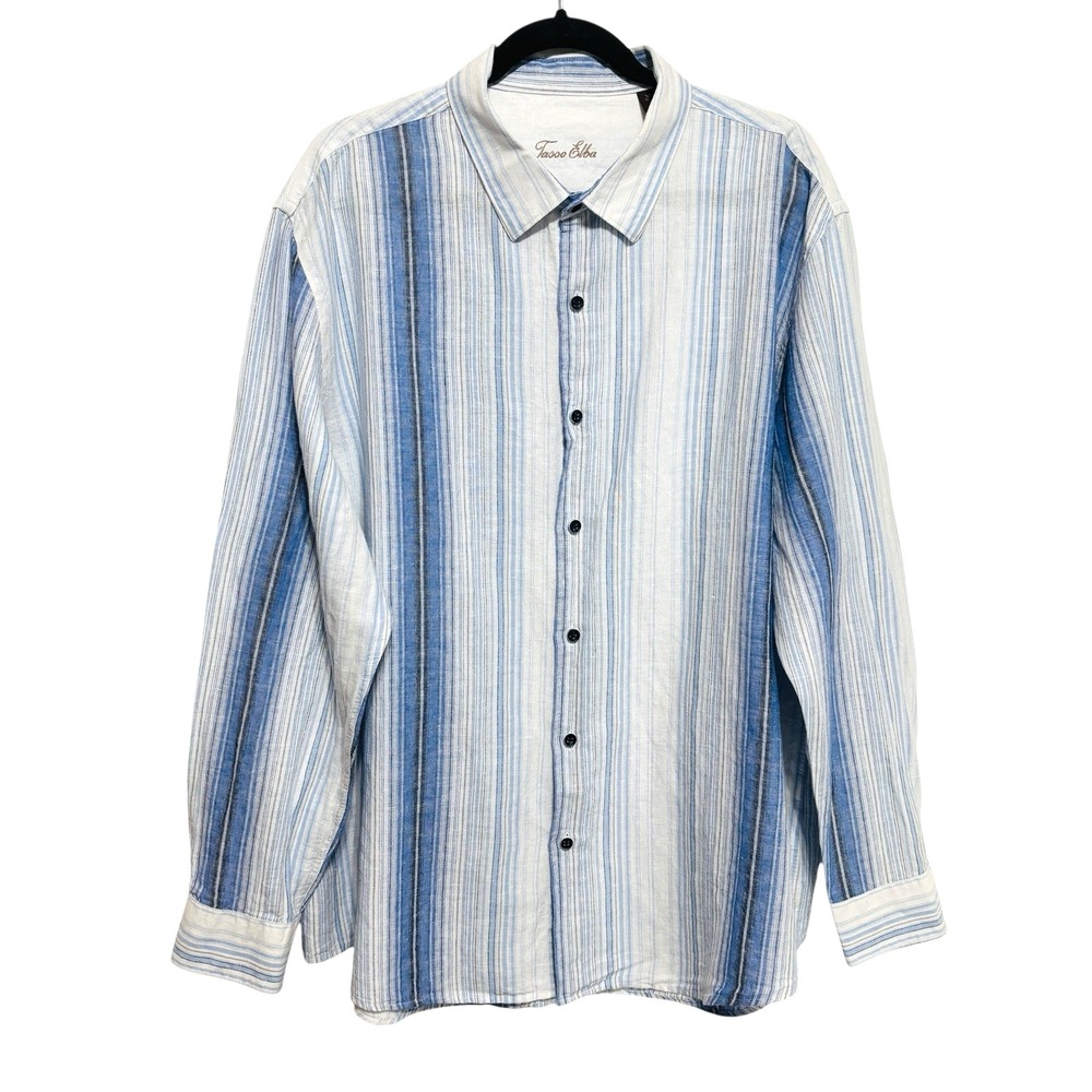 Tasso Elba Linen Blend Button Up Shirt Men's Sz XXL Light Blue White Stripe